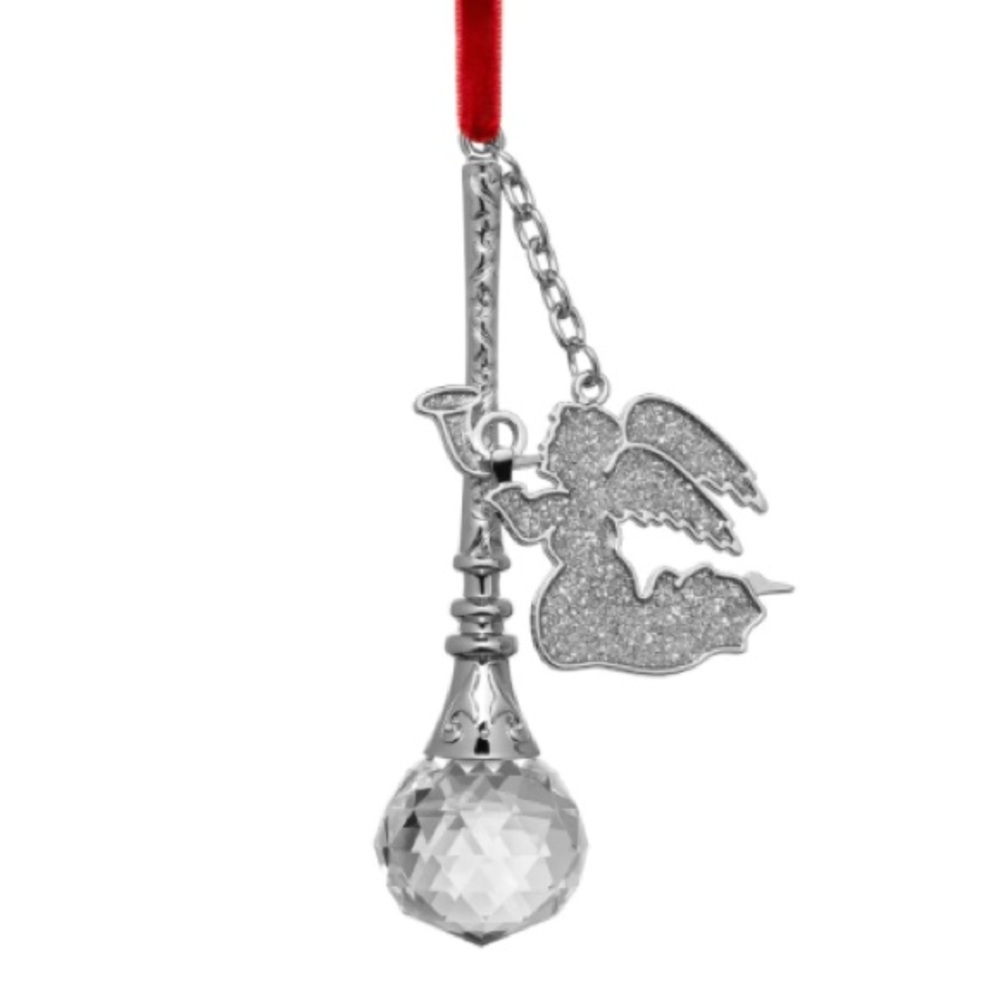 Bowring Make-A-Wish ornament; Silver Angel  with crystal pendant, 5inches high.